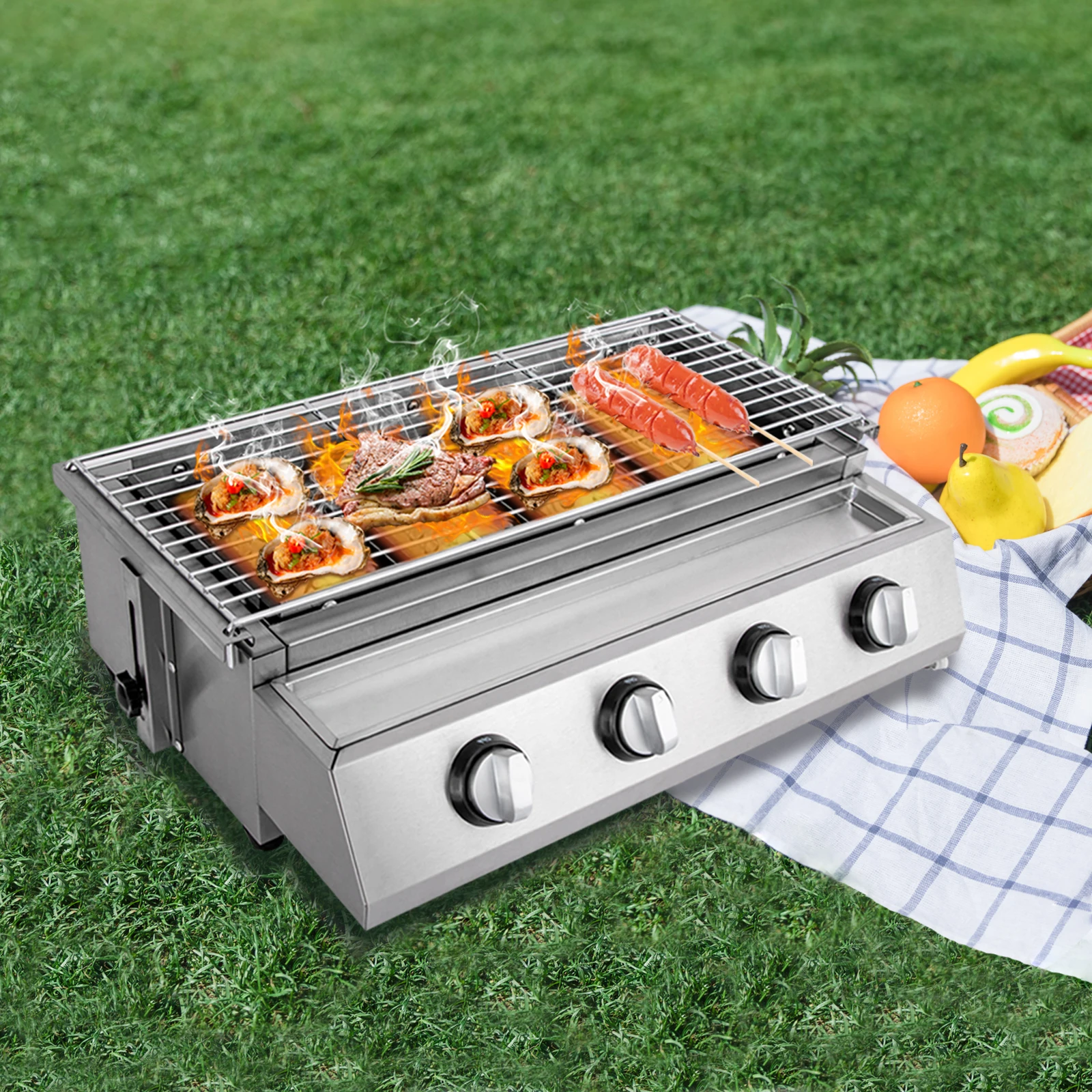 Removable Gas Roasting Dish Gas Grill 4 Burners Stainless Steel BBQ Table LPG Gas Grill 58 x 40 x 20 cm