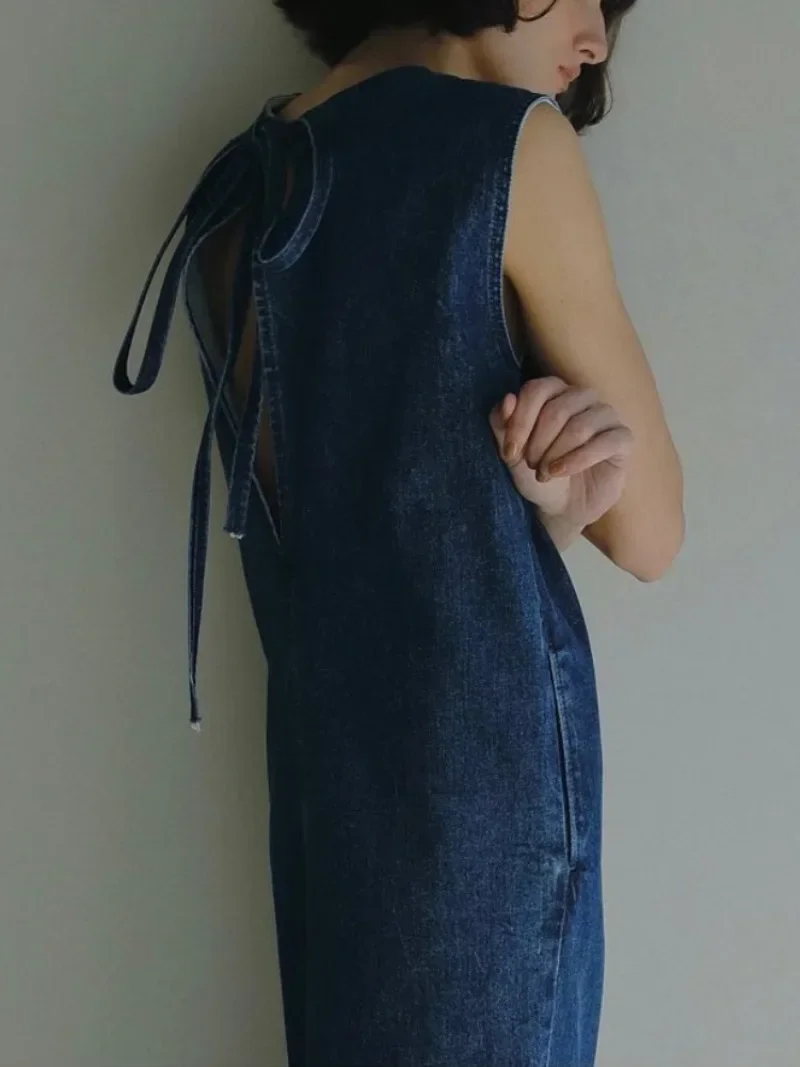 Denim Women 2024 Dress Japan Backless Lace-up Bow Vestidos O-neck Sleeveless Vestido Loose Casual Dresses Summer Ropa Mujer