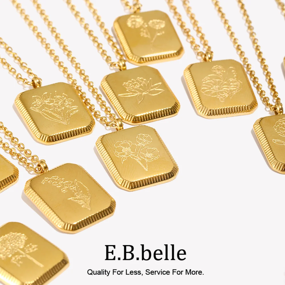 E.B.belle Original Design Cute Square Month Flower Birthstone Necklaces For Women Stainless Steel Gold Plated Flower Necklace