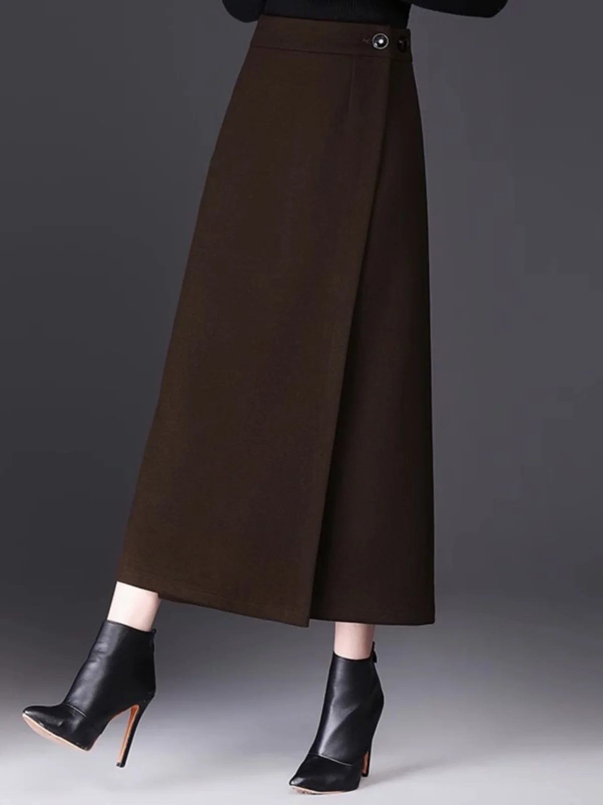 Elegant Woolen  Midi Skirt Women's Spring Autumn New Style Bodycon Asymmetrical High Waist Pure Color Commute Skirt