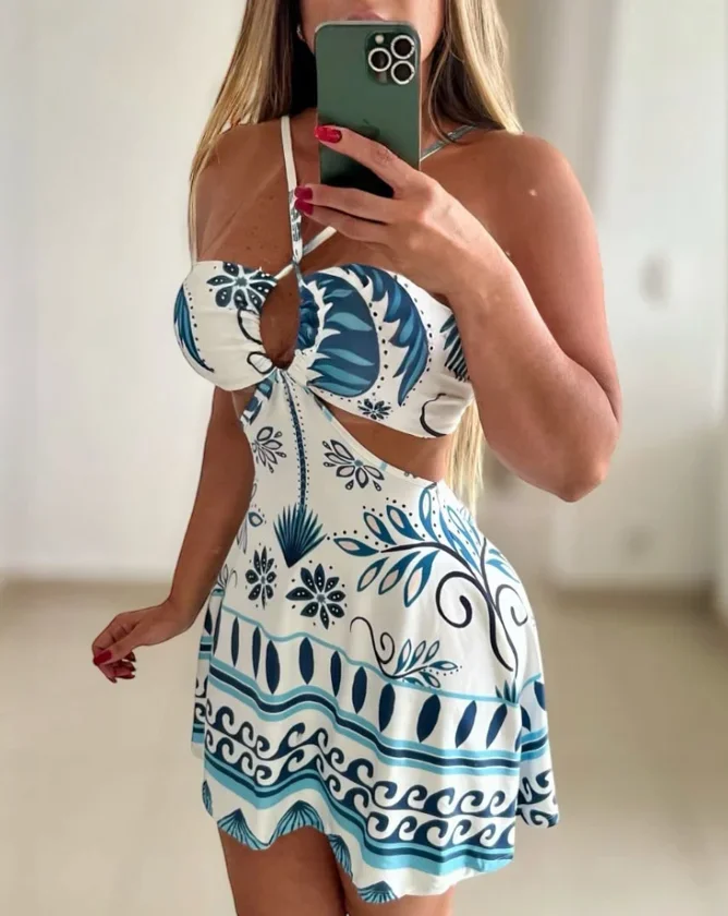 

Womens Dresses 2025 Fashion Summer Floral Print Halter Sleeveless A Line Mini Dress Sexy Waist Hollow Out Vacation Dress