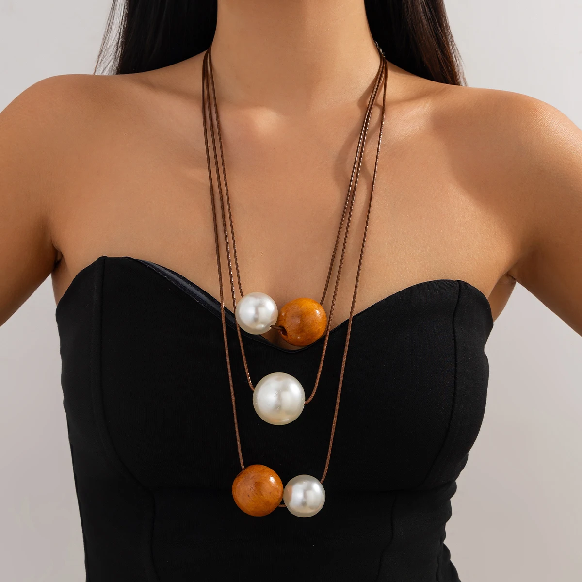 

KunJoe 3Pcs/Set Vintage Imitation Pearl Wood Bead Long Necklace Women Minimalist Leather Rope Sweater Chain Banquet Neck Jewelry