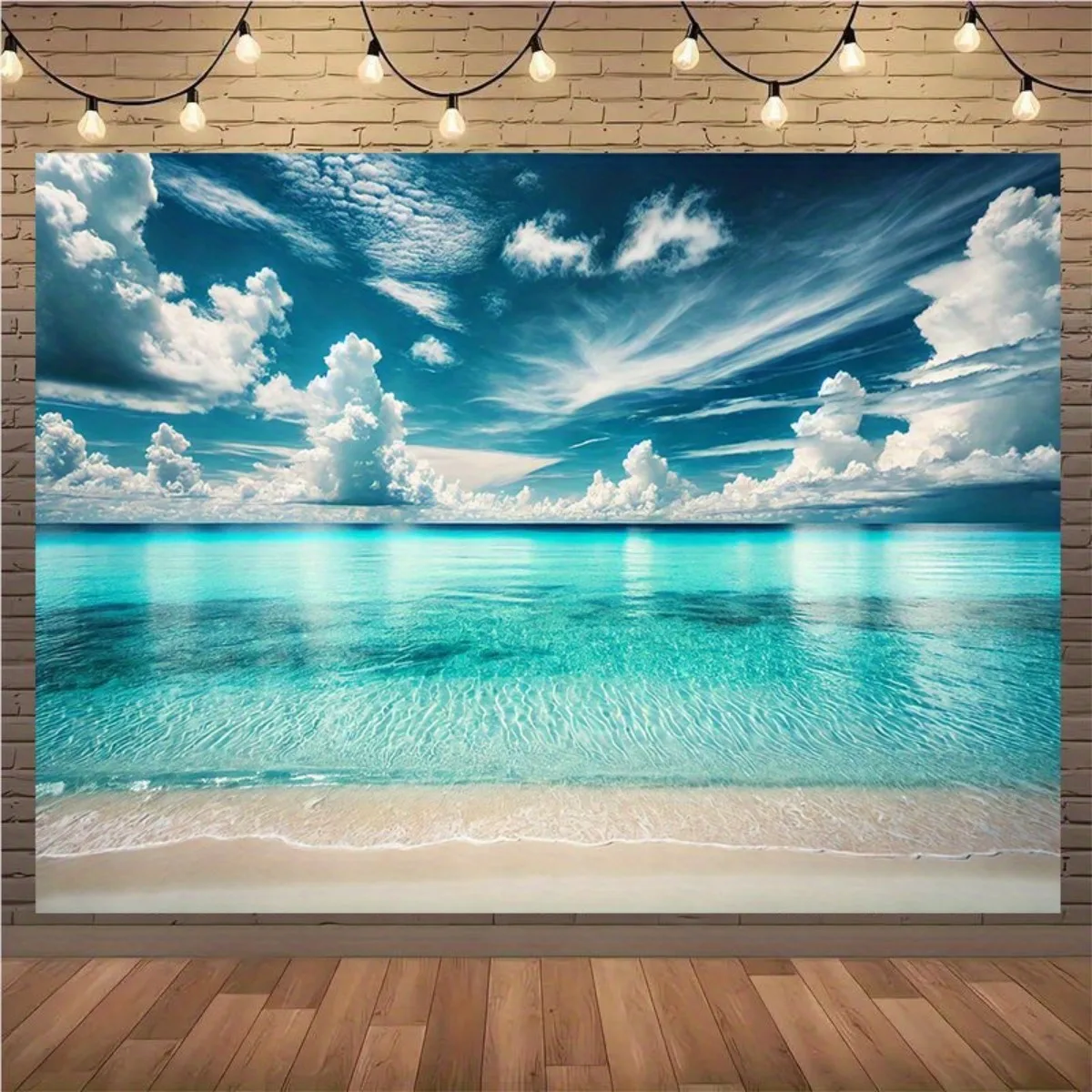 

1 piece of turquoise Ocean Beach polyester background fabric - turquoise seawater and white sand beach, party decoration
