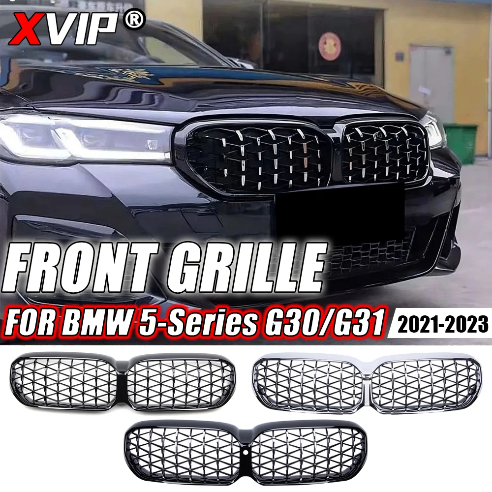 

XVIP Front Bumper Chrome Diamonds Sytle Hood Grille For BMW 5-Series G30/G31 2021-2023 530i 540i Glossy Black Dual Slats Grilles