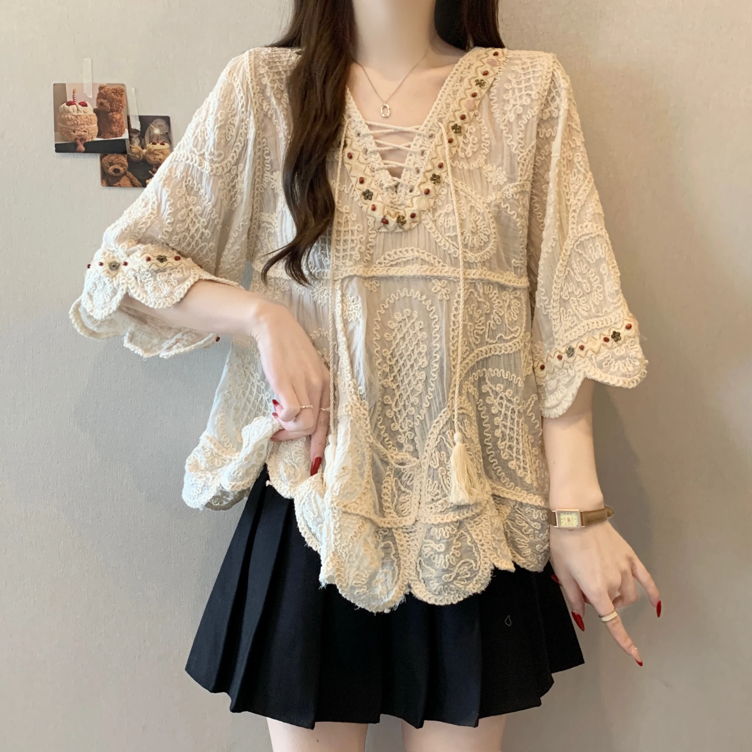 

Heavy Embroidery Loose Fit mid Sleeve V Neck Bohemian Style Slimming Top Women Summer Casual Fashion Cotton Shirt