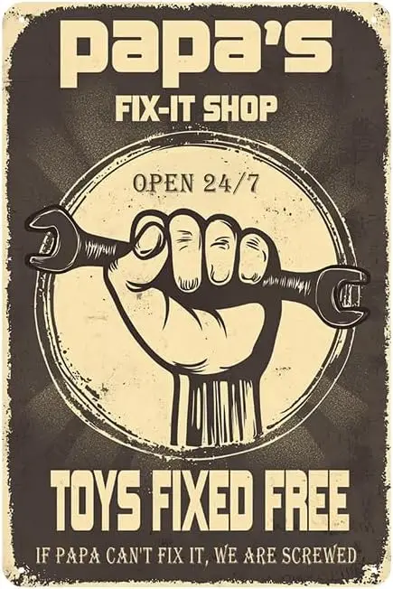 Funny Garage Sign - Papa's Fix-It Shop Sign, Vintage Metal Tin Signs for Garages, Home, Men Room, Workshop Wall Decor Art Ac