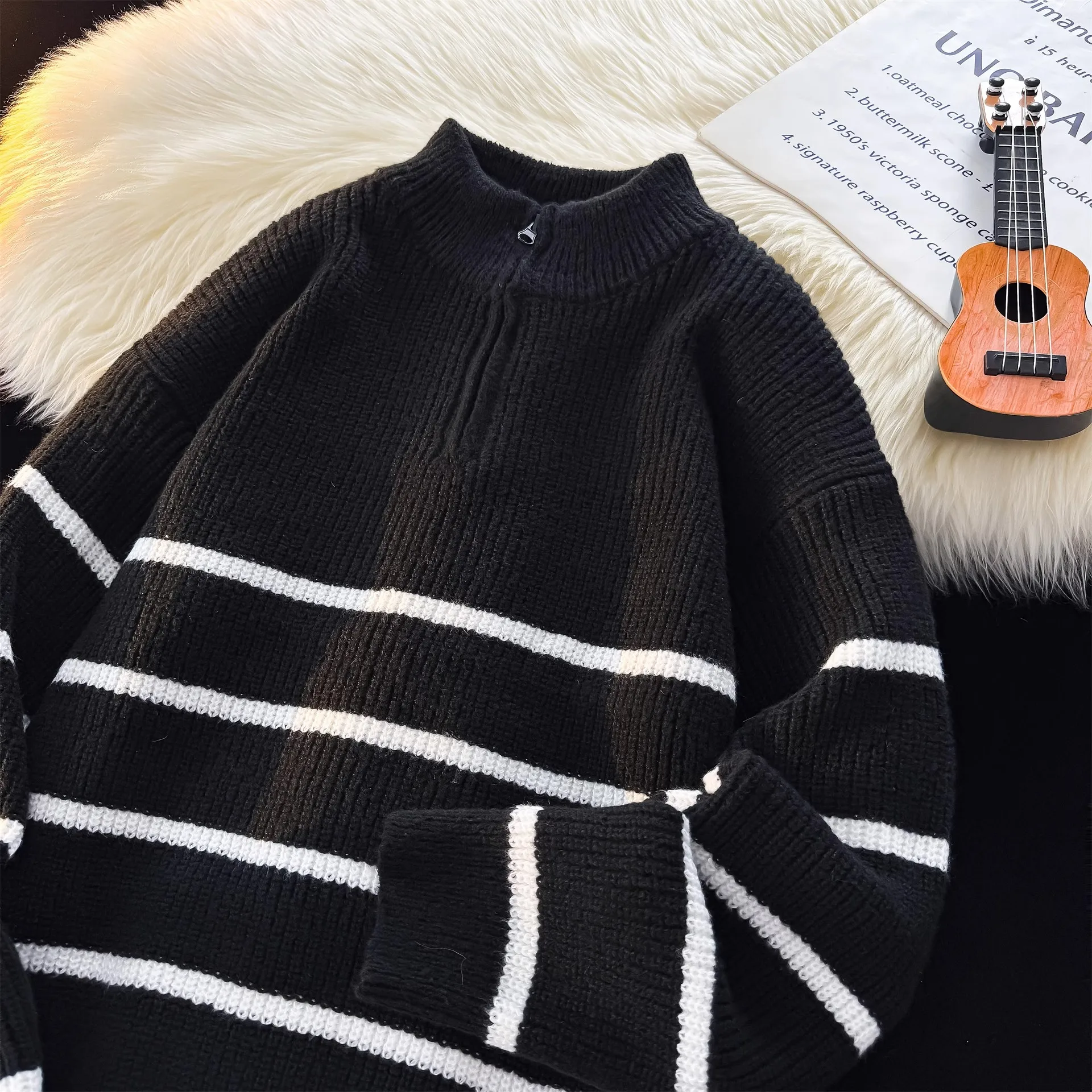 

Мужской вязаный свитер в полоску на молнии, свободный крой, повседневный корейский сарафан, осень-зима, трикотаж с высоким воротником, модный универсальный