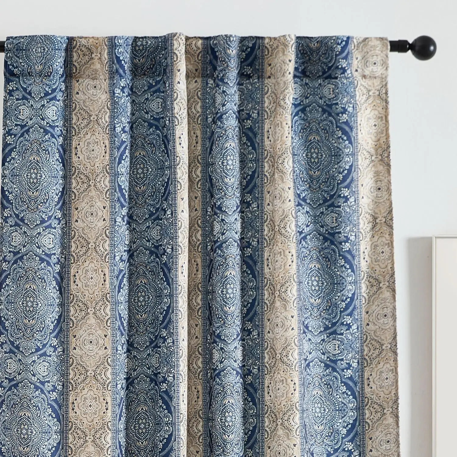 Navy-Blue 2-Panel 96-Inch William Boho Damask Stripe Curtains, 52 × 96 Inches, Back-Tab & Rod-Pocket Header, Light-Blocking Drapes for Bedrooms