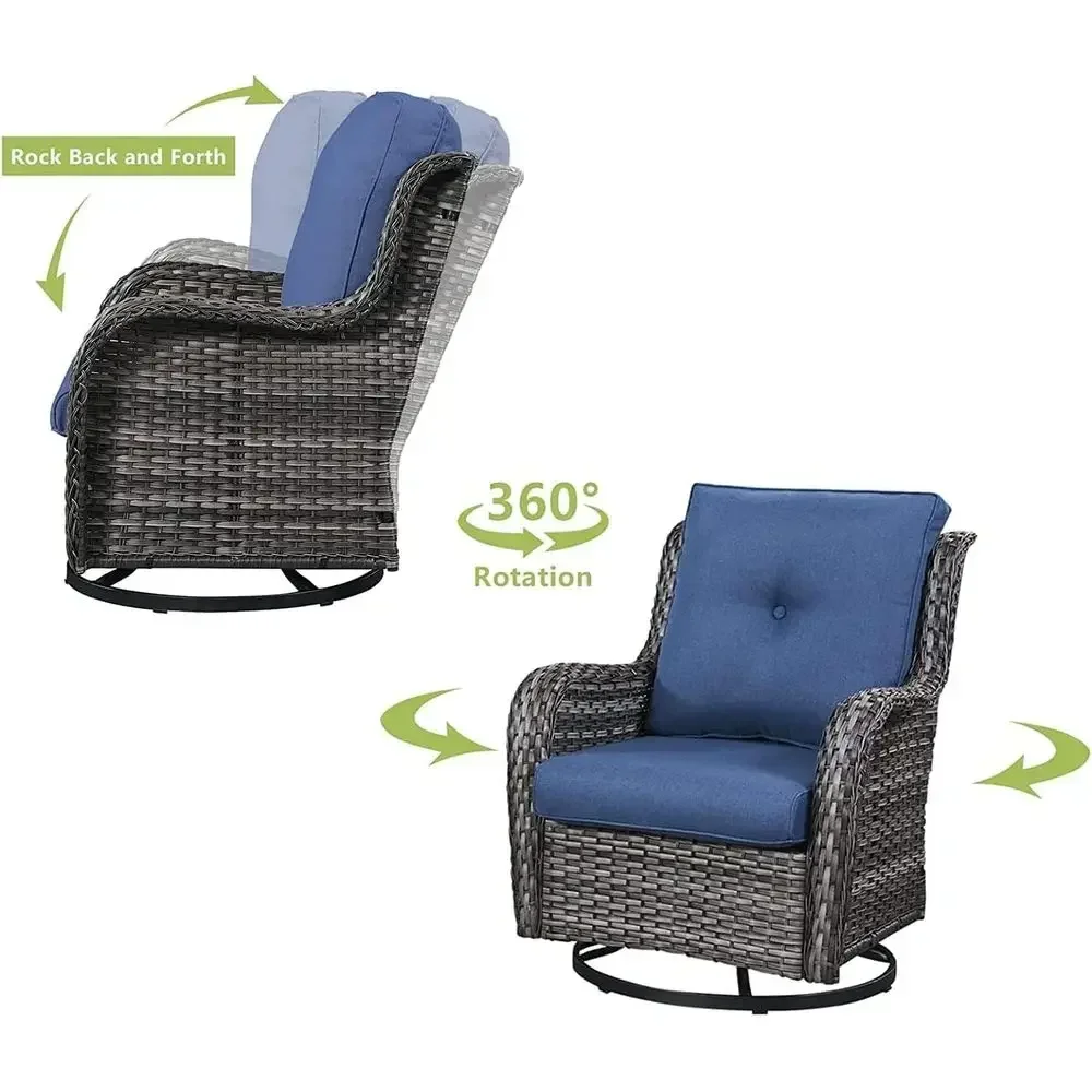 Outdoor 3-Piece Swivel Rocking Rattan Patio Bistro Set with Cushioned Wicker Chairs and Glass Coffee Table (Grey, Blue)
