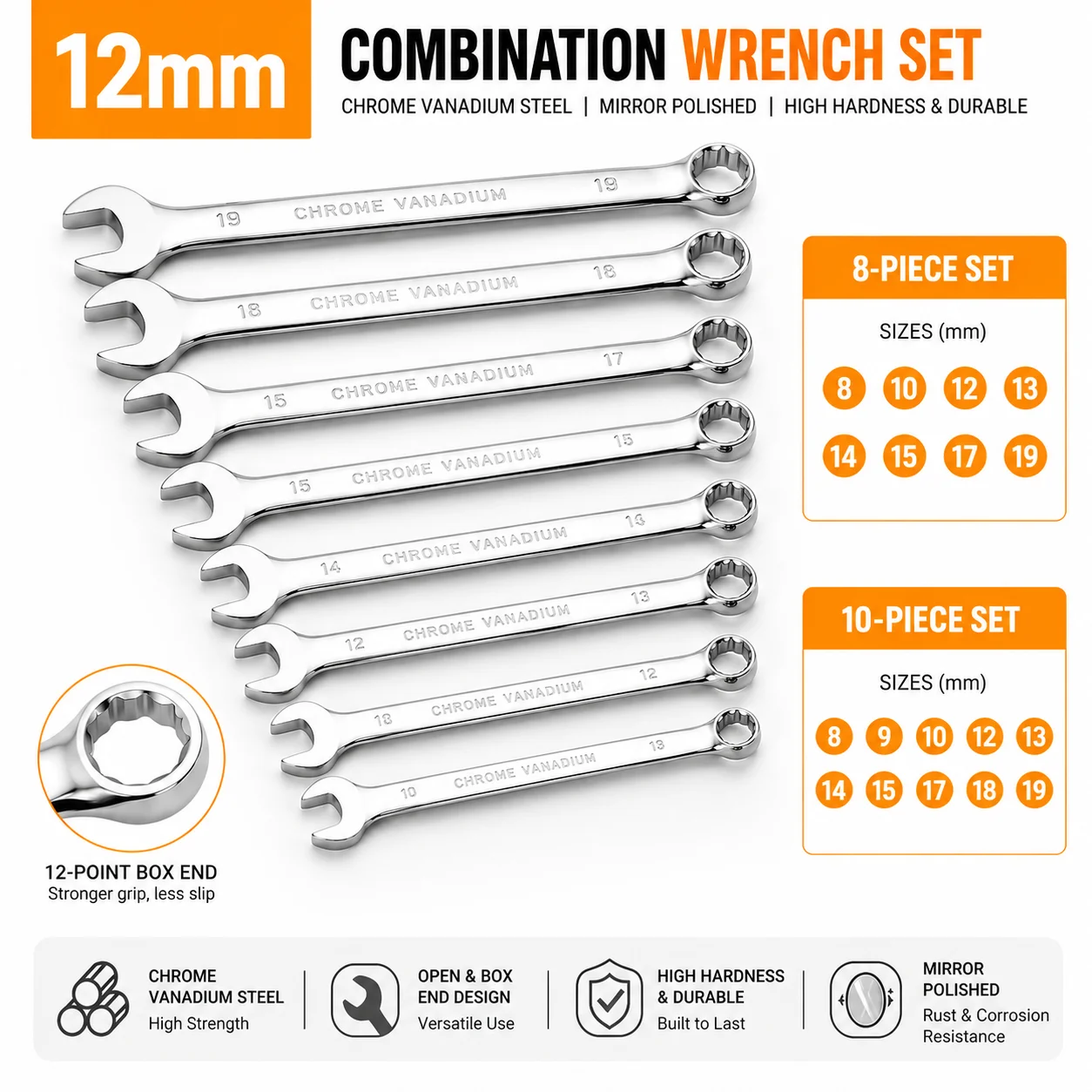 Hi-Spec CR-V Offset Combination Metric Wrench Set Open-End Ring Spanner DIY Mechanic and Household Maintenance Tool Kit