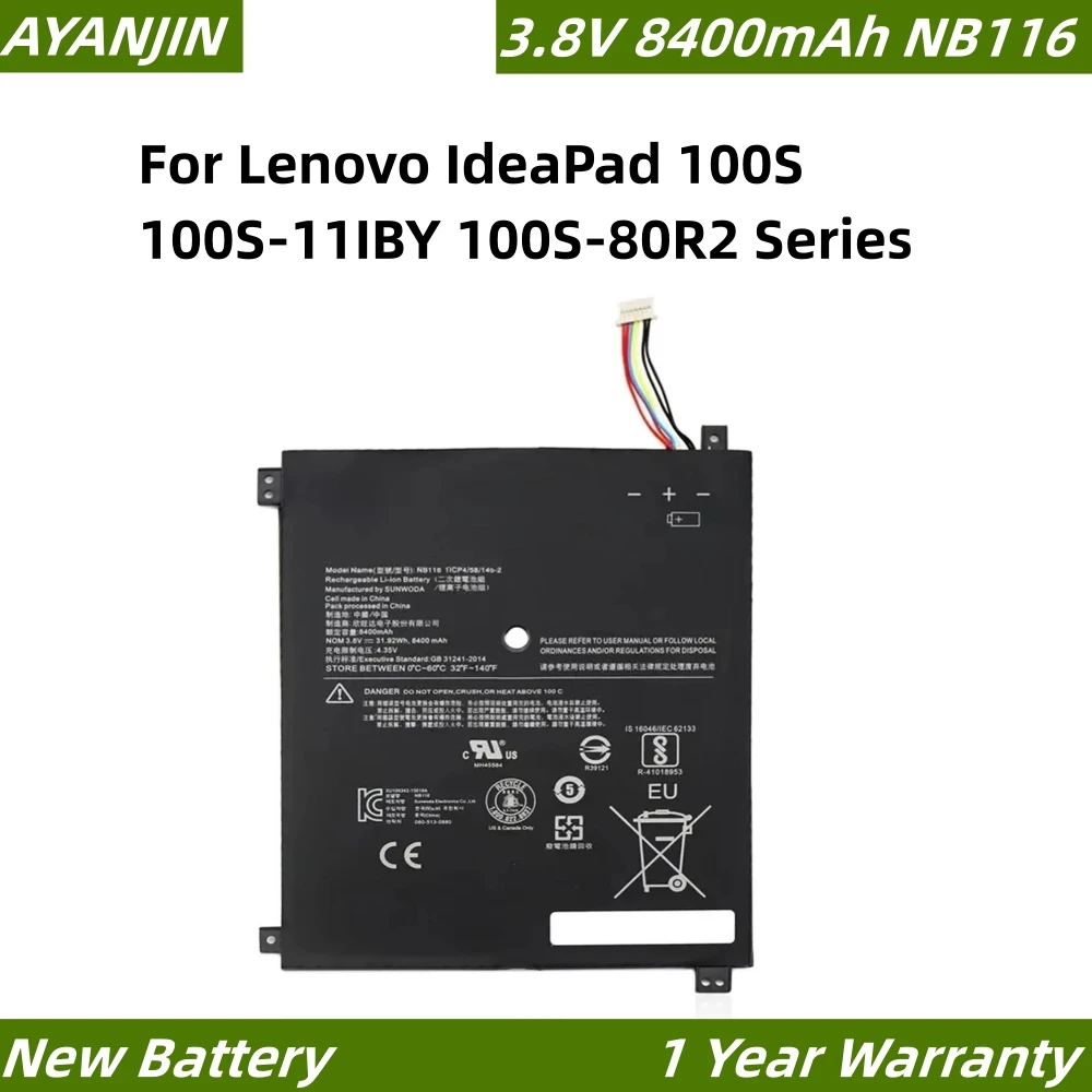 

NB116 3.8V 8400mAh Laptop Battery for Lenovo IdeaPad 100S 100S-11IBY 100S-80R2 Series NB116 5B10K37675 0813001