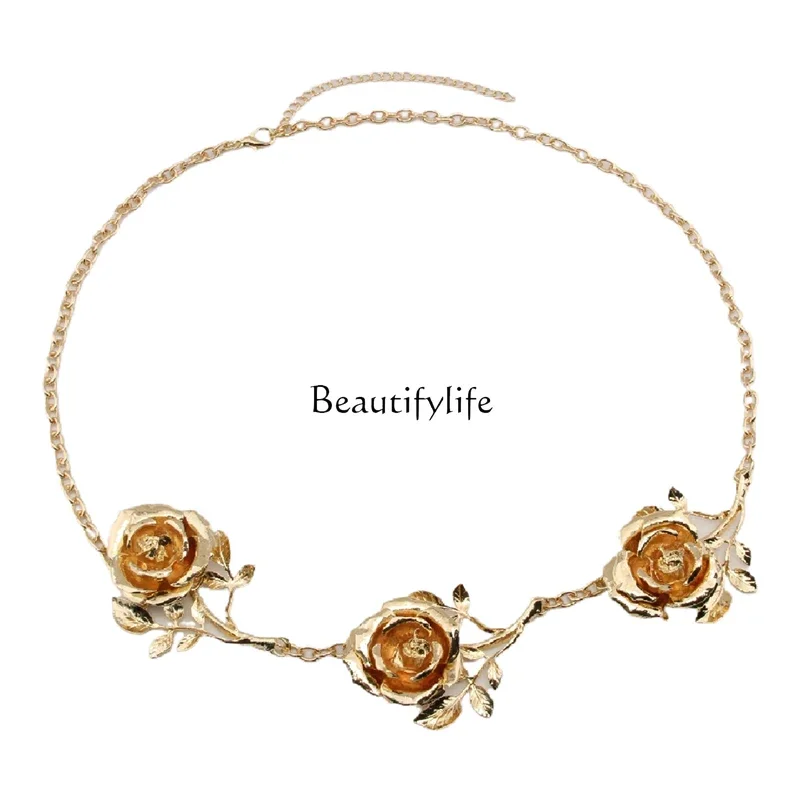 

Vintage gold rose waist chain premium metal thin belt accessories