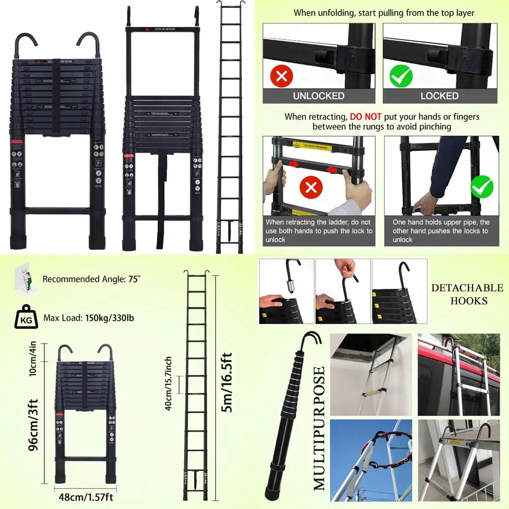 Tangga Teleskopik Aluminium 16.5 kaki - Portabel, Dapat Diperpanjang dengan Pengait yang Dapat Dilepas, Desain Ringan