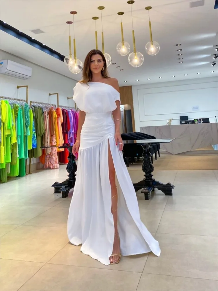 

Elegant Women's Red Black Off Shoulder Party Maxi Dresses Summer Fashion Sexy Slant Collar Raglan Sleeve Slit Holiday Dress Robe