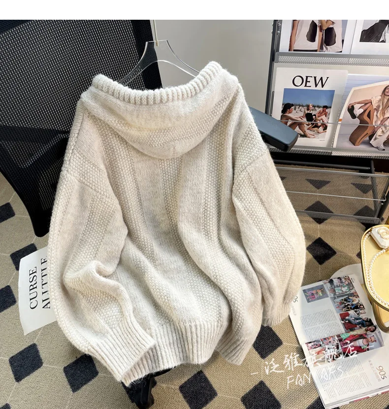 Korean loose lazy style hooded sweater women autumn and winter 2024 new soft and thick drawstring knitted sweater tops