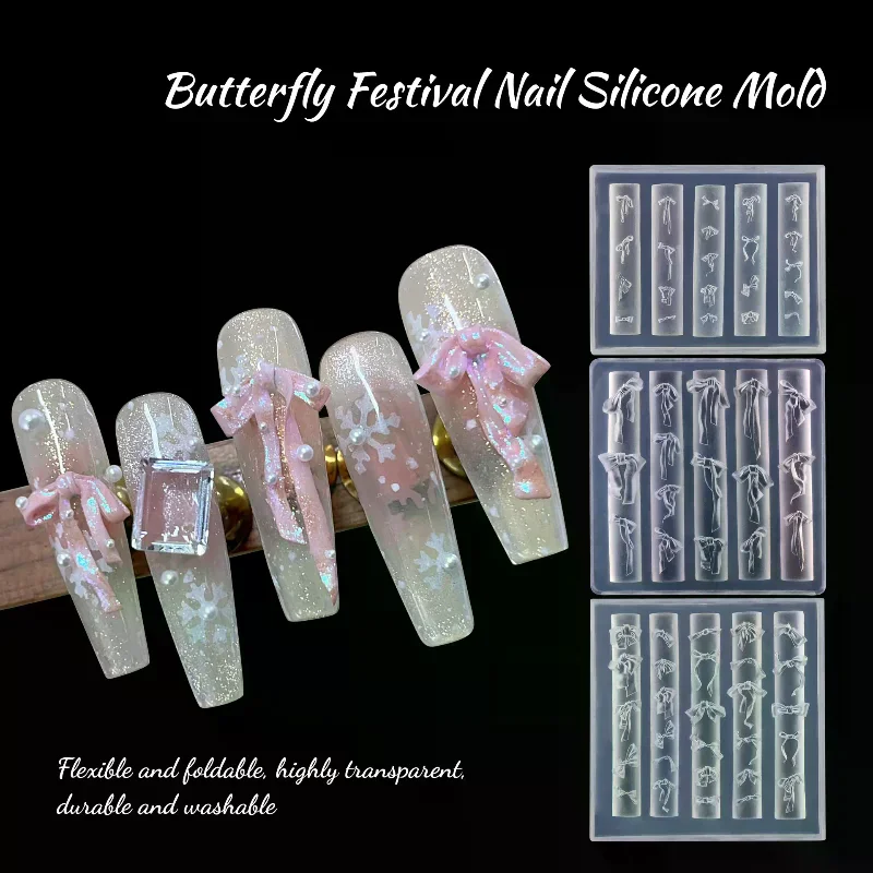 Ribbon Bow Nail Art Mold Silicone Cartoon Bowknot Pattern Nail Art Decorations Nail Polish Filling Mold Relief Design Manicure