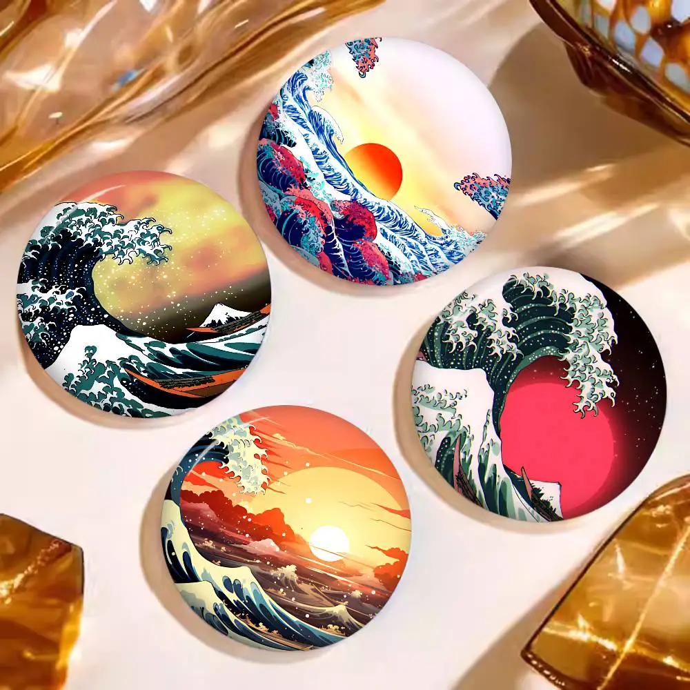 The Great Wave Off Kanagawa Art Cartoon Brooches Anime Badge Round Handmade Brooch Lapel Pins Jewelry for Backpack Clothes Gifts
