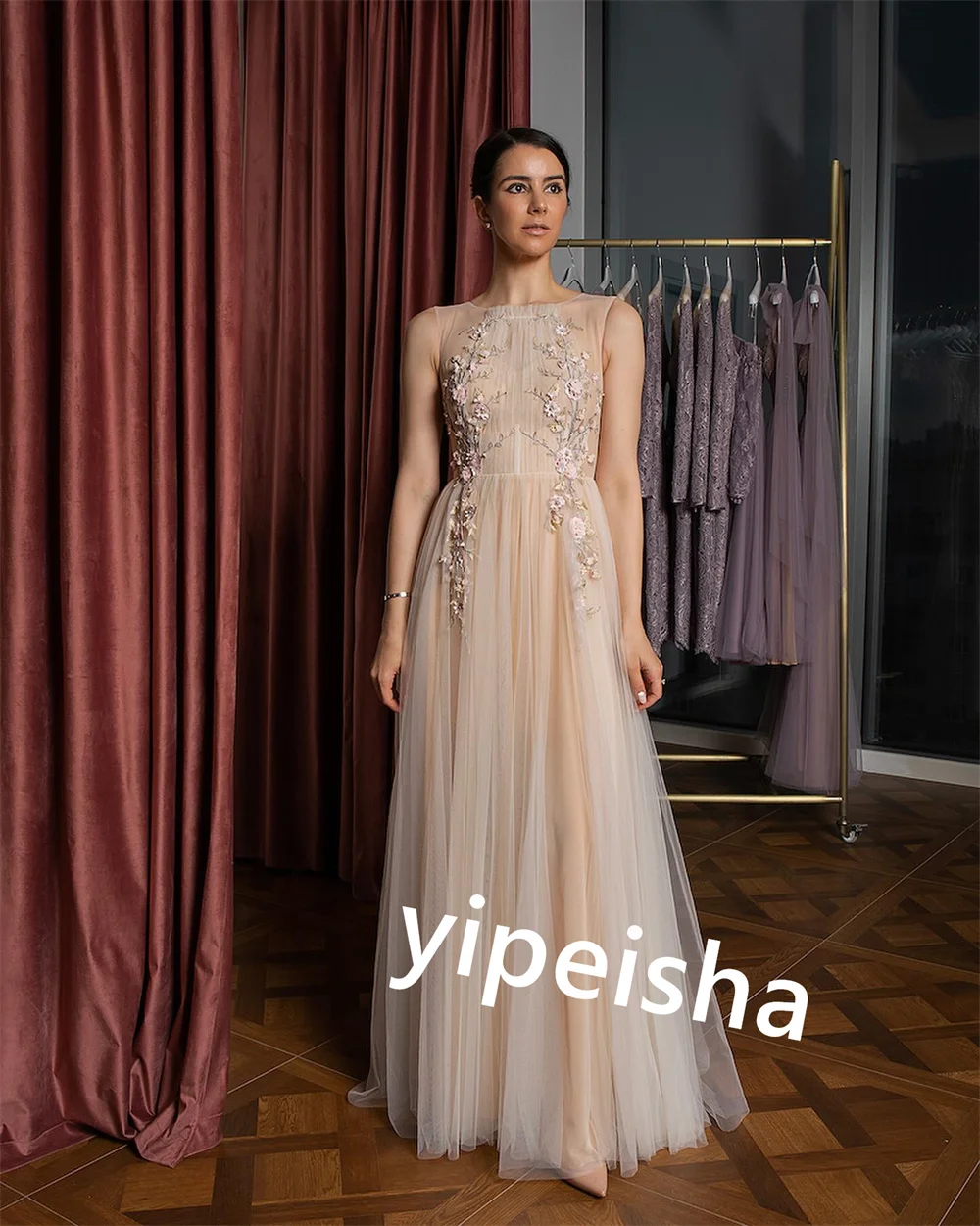 Tulle Applique Plissado Party Gown, Straight Jewel Bespoke, Ocasião, Vestidos longos