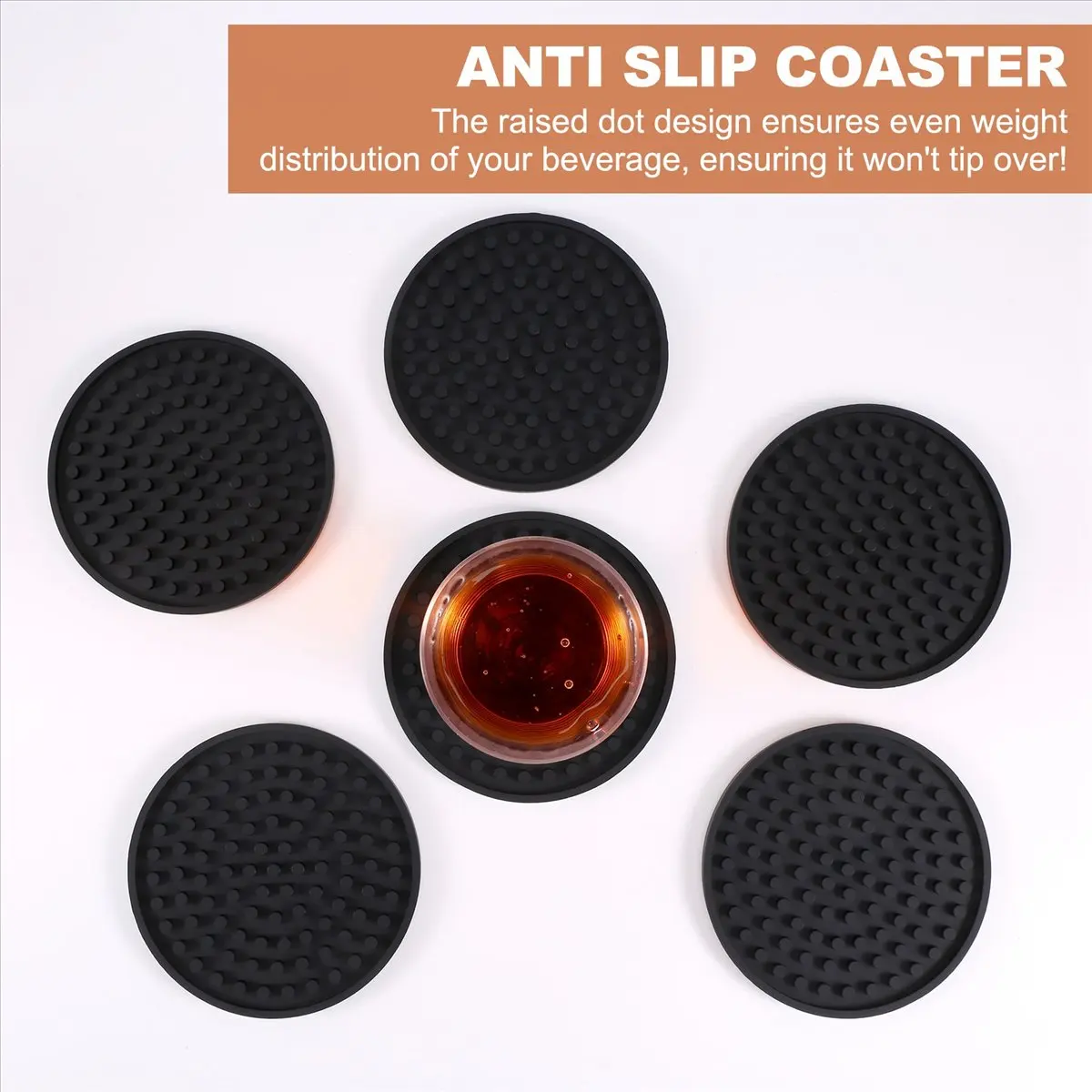 X10A Black Round Silicone Rubber Drink Coasters (Set of 6) Non-Slip Perfect for Homes & Bars