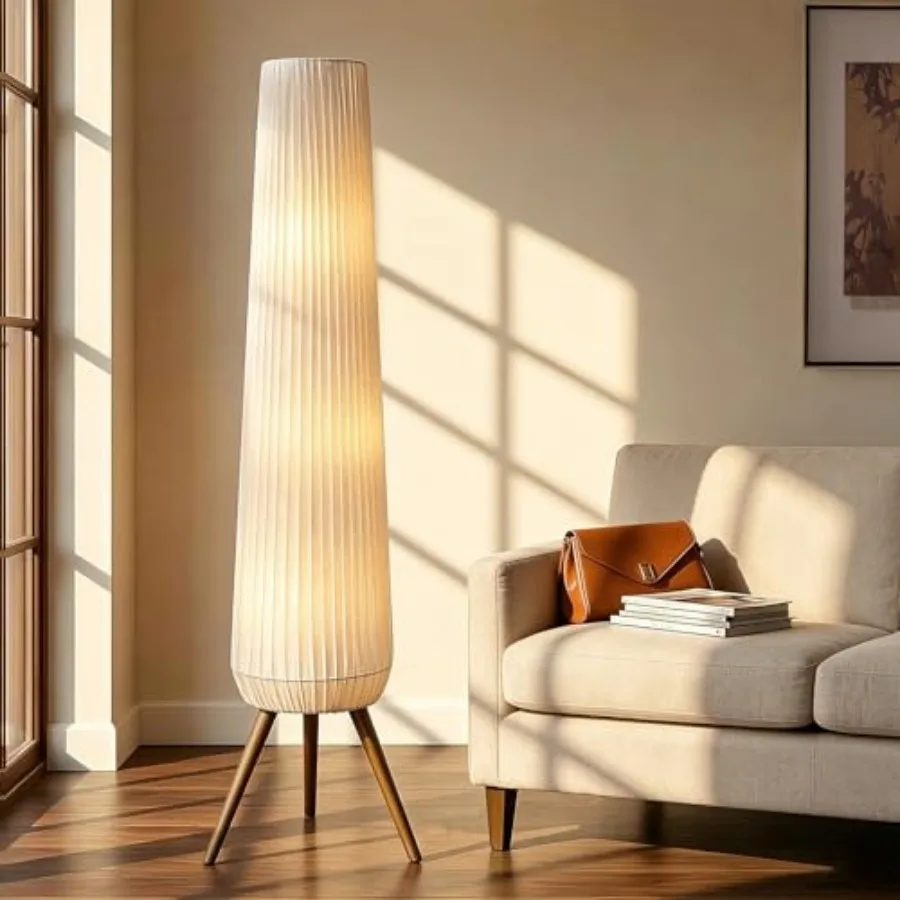 

61'' Oatmeal Linen Pleated Floor Lamp, Walnut Wood Tripod Base Tall Standing Lamp with 3 Built-in Light Sockets, Soft Ambient L