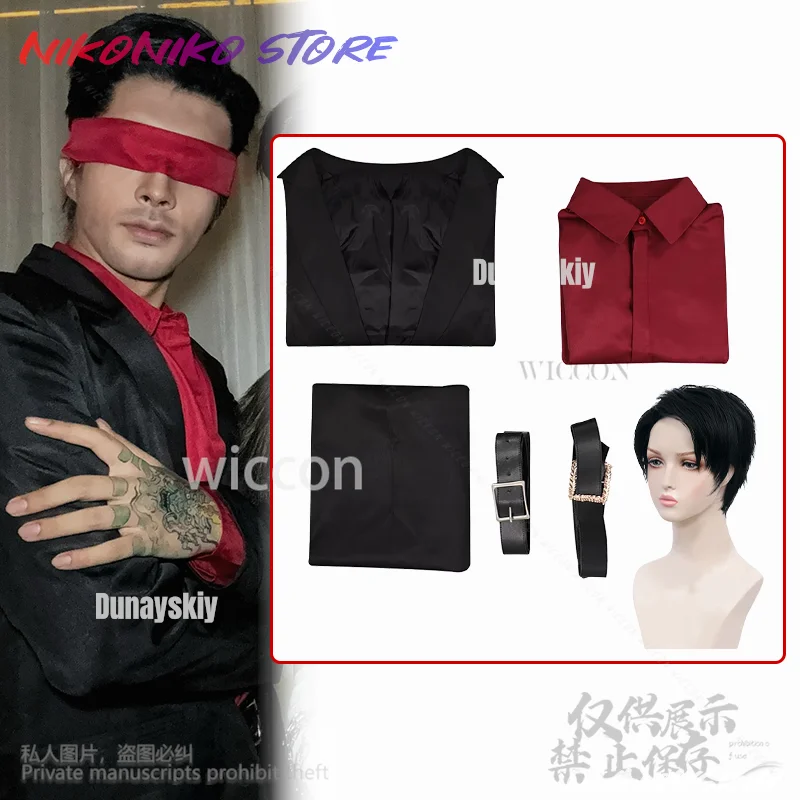 อะนิเมะเกม Mortal Kombatสีแดงเสื้อสีดําเสื้อกางเกงกระเป๋าวิกผม Kenshi Takahashi เครื่องแต่งกายสําหรับปาร์ตี้ฮาโลวีนที่กําหนดเอง