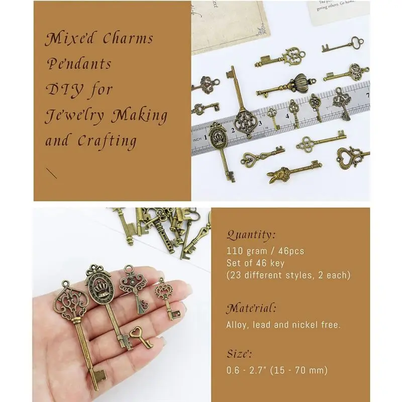 HHTL 46Pcs/Set Mix Kit Old Looking Retro Antique Brass Bronze Decorative Vintage Key For Steampunk Charms Pendant Jewelry Durabl