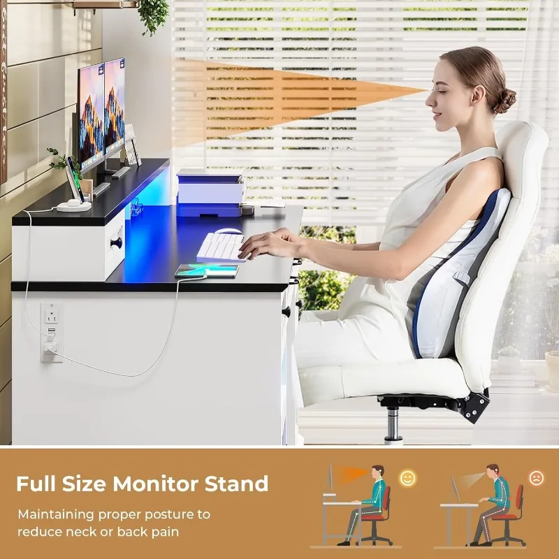 Scrivania direzionale con cassetto raccoglitore, scrivania per computer con supporto per monitor, scrivania con stazione di ricarica e luce LED, bianca