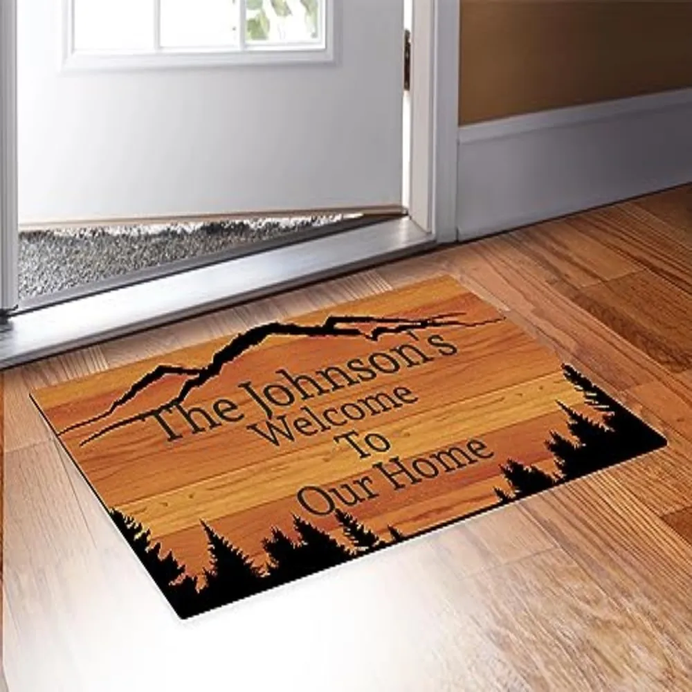 VIKAMA Mountain Range Personalized Doormat, Custom Text 4 Lines, Indoor/Outdoor Entry Mat, Non-Slip