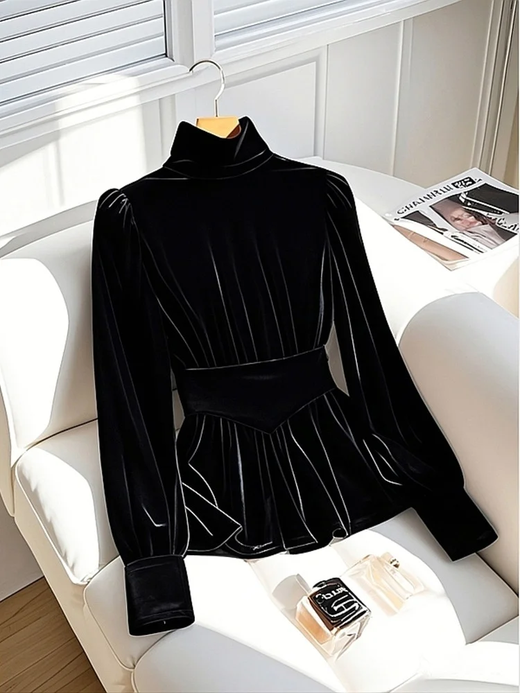 

Ele Bla Velvet irt Top Роскошная ранняя весна Faion Уникальная внутренняя одежда Свободная длинная бархатная блузка с воротником-стойкой Sve