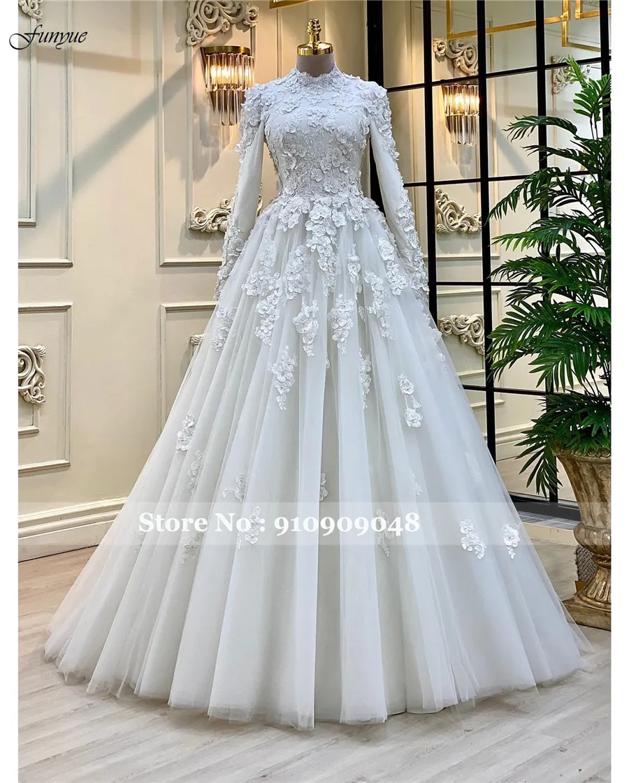 Funyue Princess 3D Flowers A-Line Wedding Dresses For Women 2025 Bride Long Sleeve A-Line Muslim Bridal Dress Vestidos De Novia