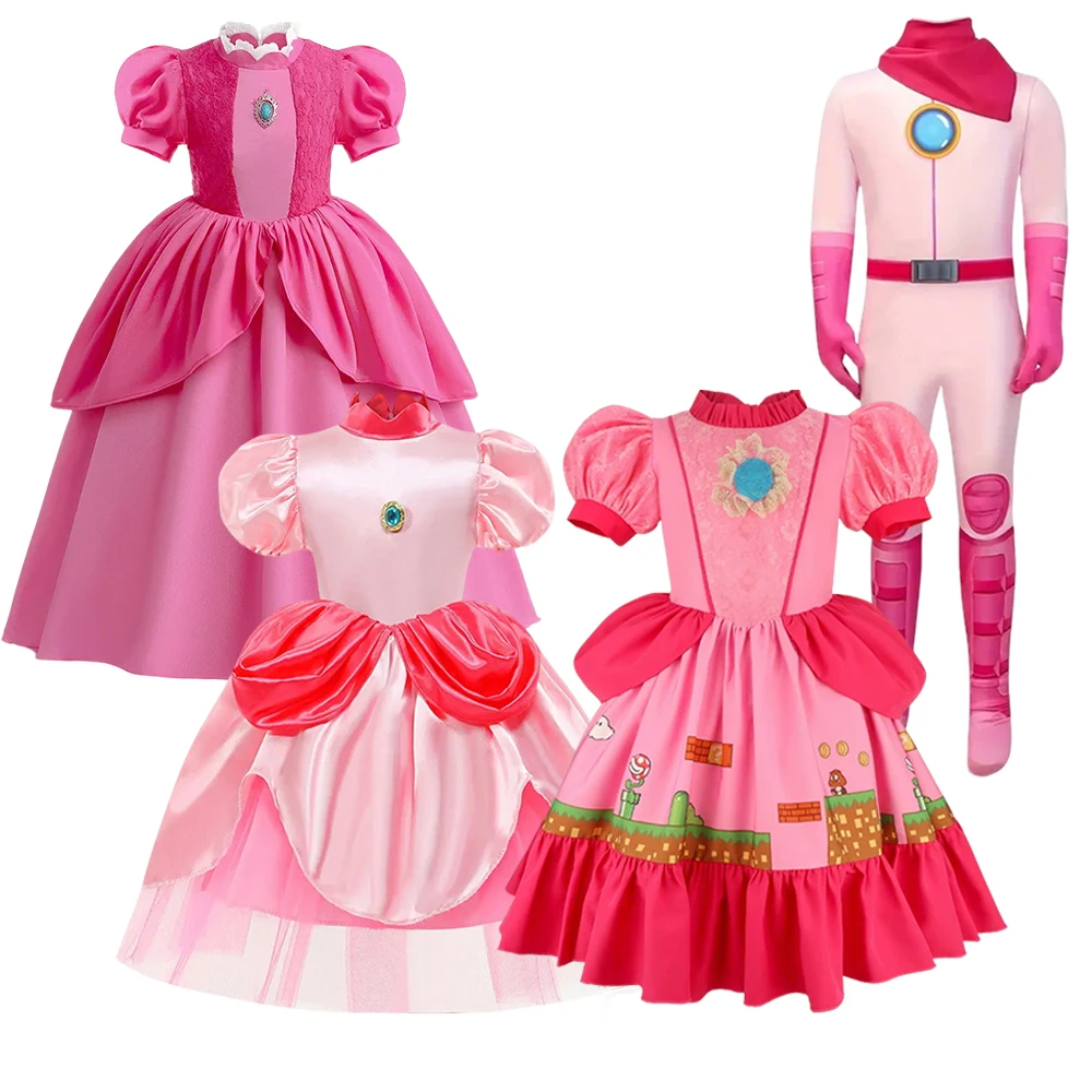 Kids Girls Elegant Evening Dress Pink Princess Peach Ball Gown Children's Movie Perform Peach Cosplay Costume Birthday Outfit