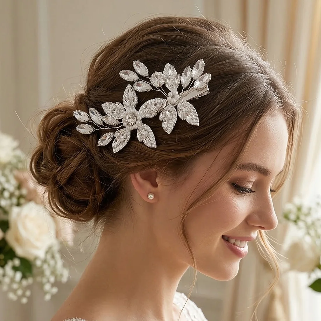 

Handmade Rhinestone Pearl Hair Clip Crystal Flower Hairpin Headpiece For Women Silver Color Bridal Barrettes Hair Accessories