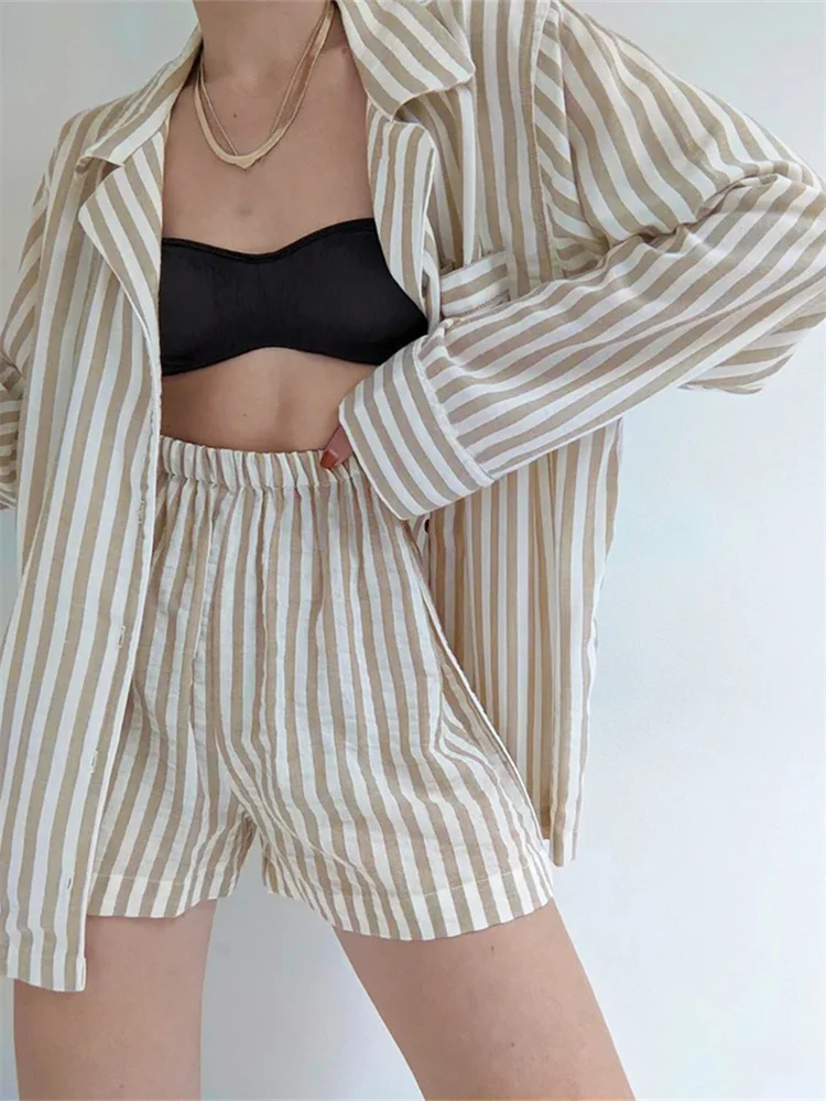 CHRONSTYLE Women Striped 2 Pieces Lounge Pajama Sets Short Sleeve Lapel Button Ups Shirts Tops Loose Casual Shorts Sleepwear Set