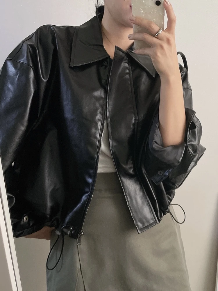 

Женское кожаное пальто с эффектом похудения, длинное пальто све во французском стиле с завязками на талии и высоким воротником для повседневной носки