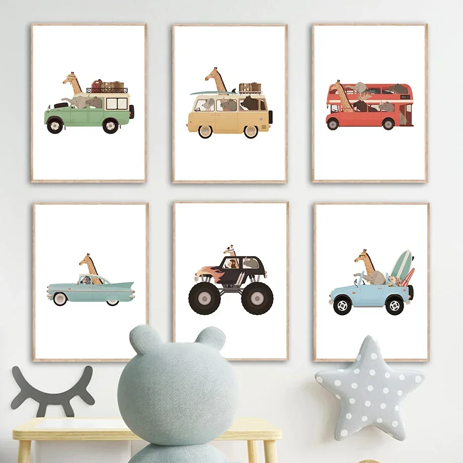 

Cartoon Car Giraffe Elephant Monkey Bear Wall Art Canvas Painting Nordic Posters And Prints Animal Wall Pictures Kids Room Decor