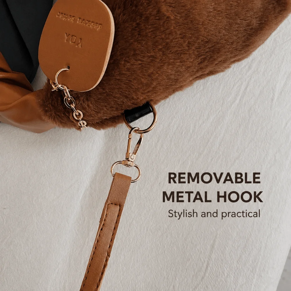 Casual Faux Fur Shoulder Bags Small Adjustable Shoulder Strap Half-Moon Tote Bags Solid Color Ruched Handle Purses Winter