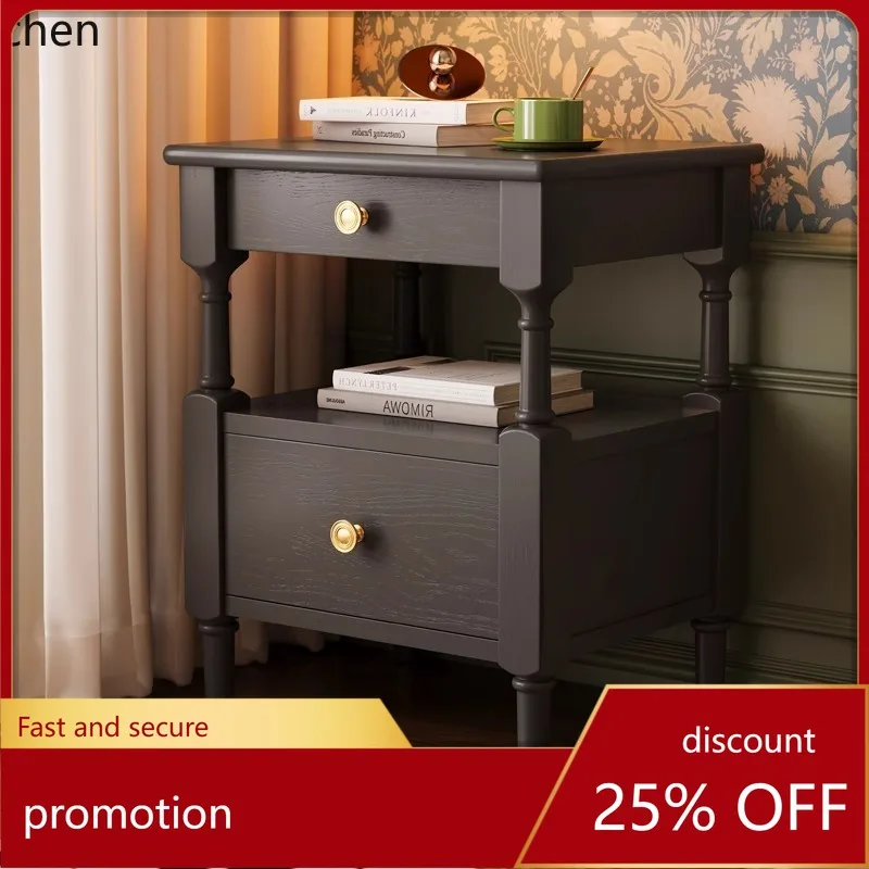 HXL Bedside Table Black Master Bedroom Solid Wood Storage Cabinet