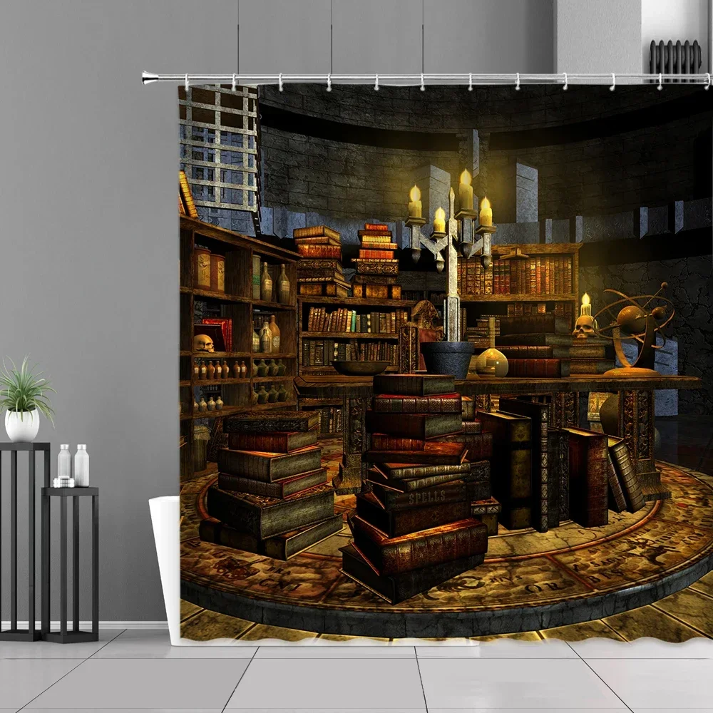 Library Old Wooden Booksheld Shower Curtains Magic Book Design Bath Curtain Study Room Temple Decoration Bathroom Decor Screens