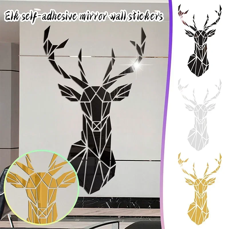 2set 3D Deer Head Stickers Mirror Multiple Sizes Surface Decals DIY Self-adhesive Wall Art Mirror Stickers Home Decoration Mural