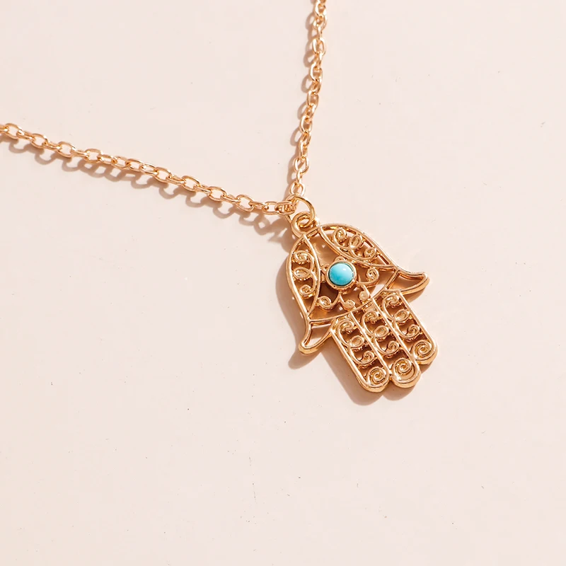 Vintage Hamsa Fatima Hand Pendant Natural Stone Evil Eye Necklace for Women Men Unisex Hollow Creative Clavicle Choker Jewelry