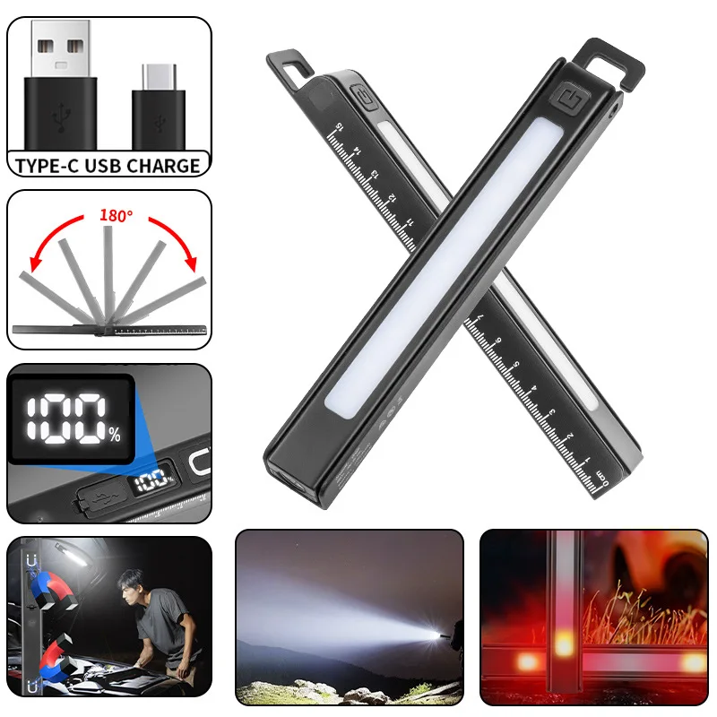 Magnetic Foldable Work Light Rechargeable 6 Brightness LED Pen Flashlight Multi-Function Ruler & Inspection Light for Outdoor