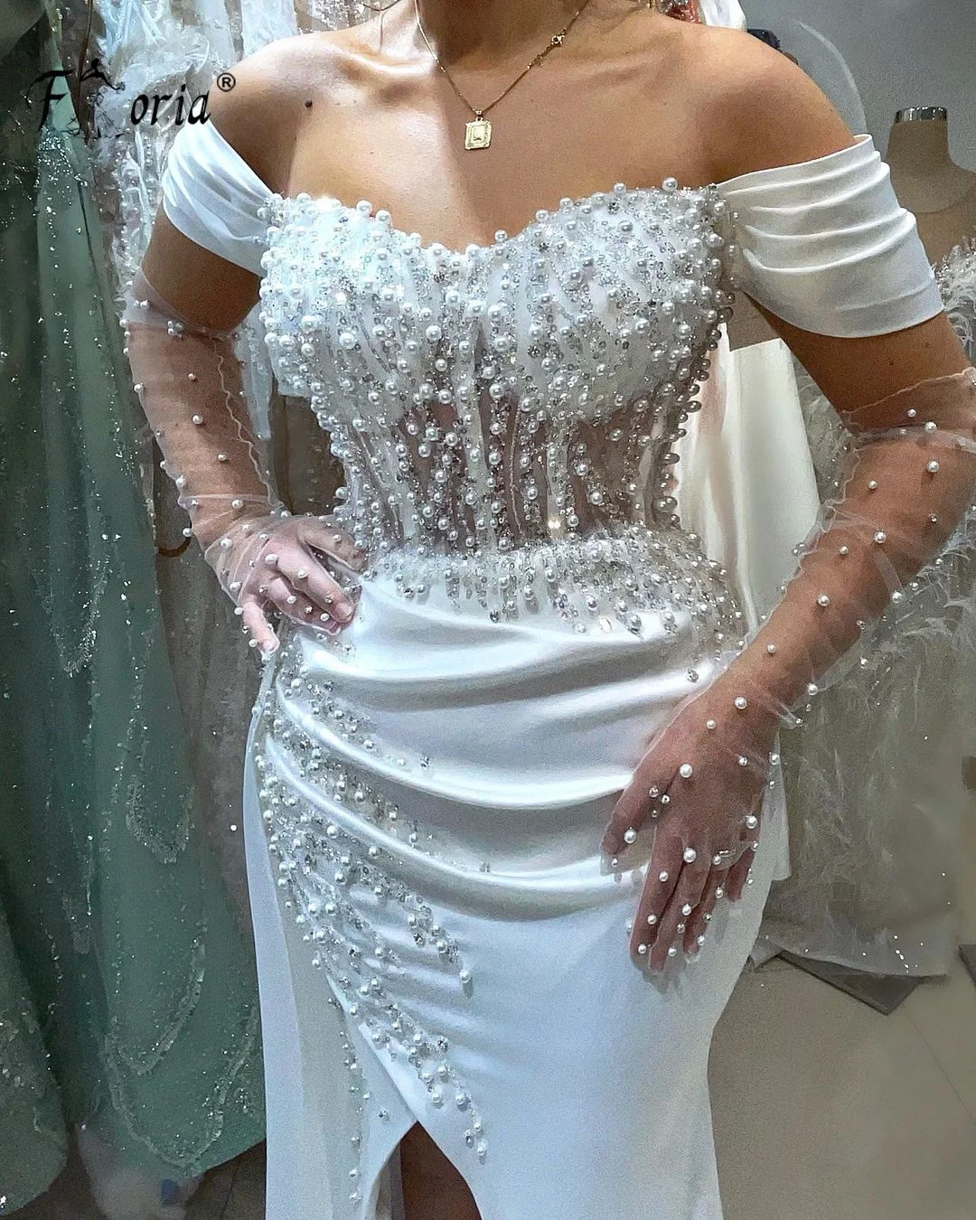 Elegante Parels Kralen Zeemeermin Avondjurk Aso Ebi Vrouw Off Shoulder Lovertjes Gleuflengte Korset Prom Dress Robe De Soiree