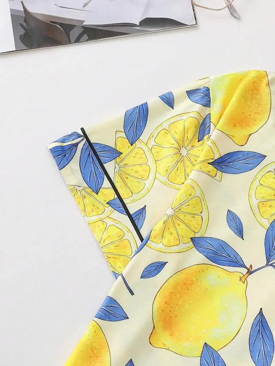 

Women Lemon Print Pajama Set Collared Short Sleeve Top And Loose Shorts Vacation Style Sleepwear Loungewear