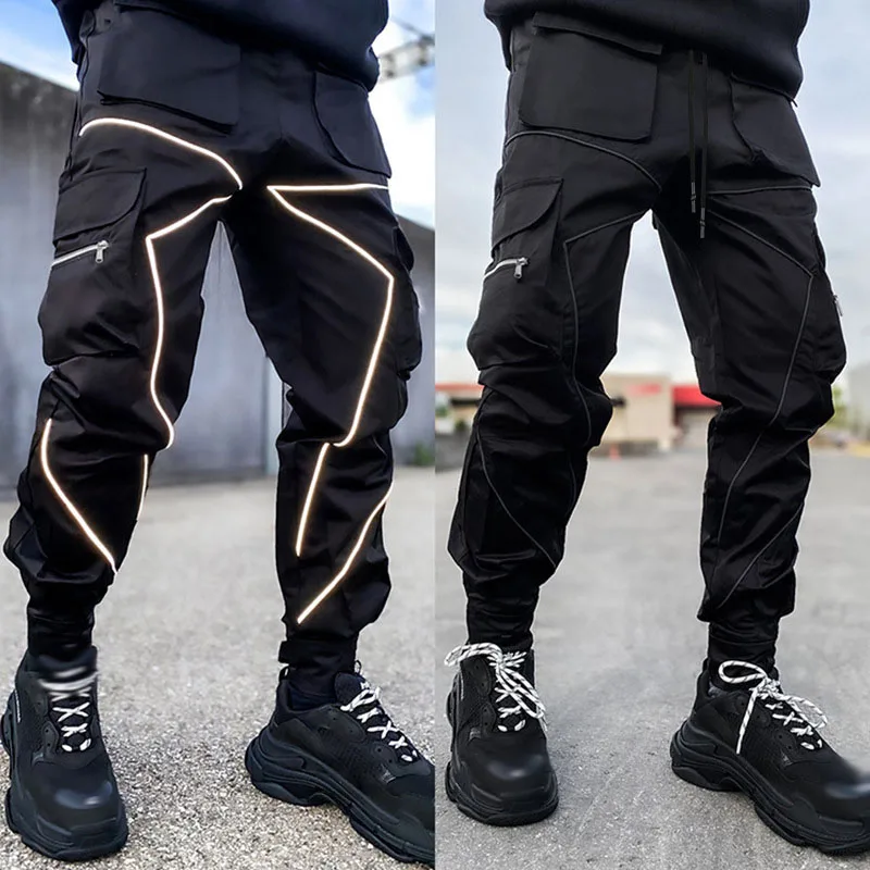 

Mens Casual Black Cargo Pants Gym Loose Plus Size Striped Multi Pocket Sports Fitness Hip Hop Jogger Trousers Pantalones Hombre