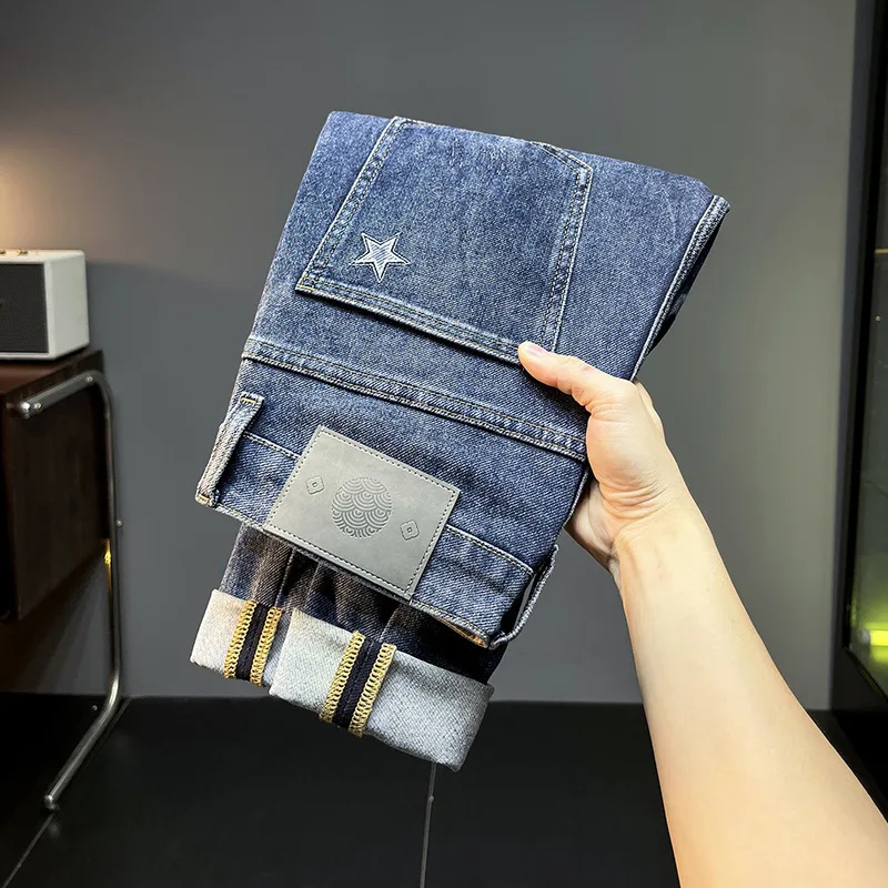 Blue jeans for men 2024 New elastic slim straight high-end fashion brand embroidery taped pants autumn denim men's clothing