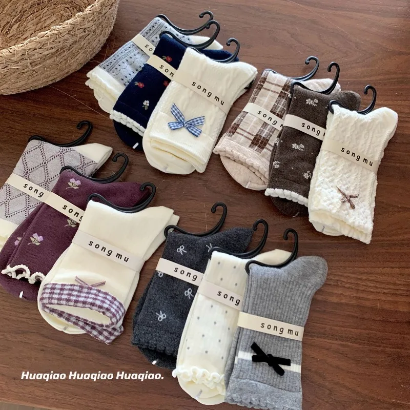 

3 Pairs Bow-Tie Women's Mid-Calf Socks Fall Winter Korean Style Slouch Socks Women Cotton Woman Grip Socks High Quality 2025