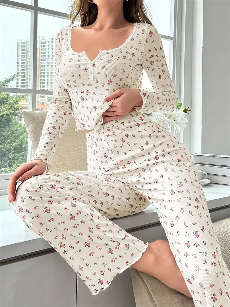 

4 размера Выберите S M L XL Apricot Ditsy Floral Женский комплект домашней одежды Мягкий пижамный комплект Топ и брюки с длинными рукавами Одежда для дома Одежда для сна T