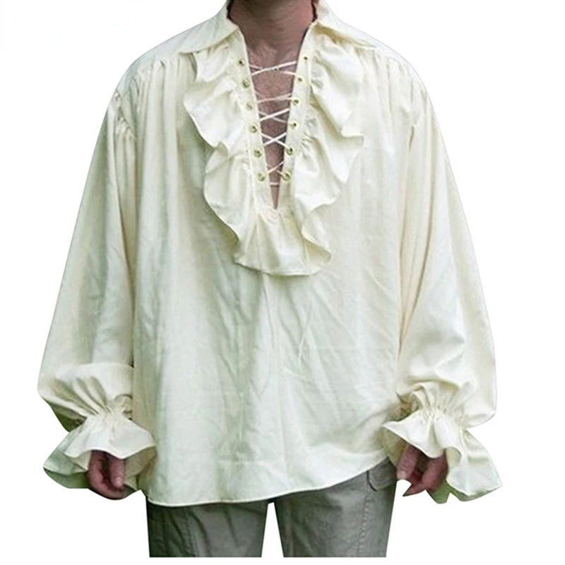 Mens Pirate Medieval Shirt Ruffled Long Sleeve Lace Up Renaissance Victorian Viking Steampunk Shirt Halloween Cosplay Costume