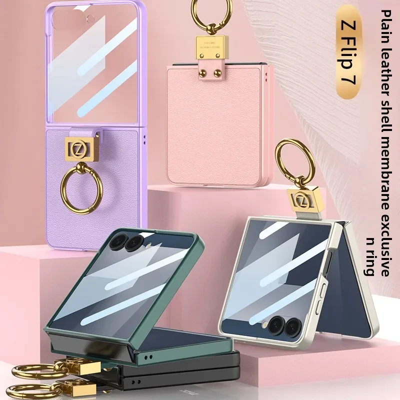 Luksusowe, ultracienkie, gładkie etui na telefon Samsung Galaxy Z Flip 7 Flip7 ze skóry PU z folią ochronną ze szkła hartowanego