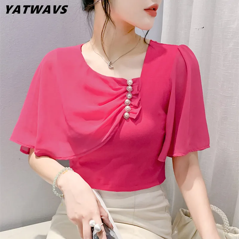 

Summer Korean Clothes Women T-Shirt New Chic Button Diamonds Tops Girl Sexy Chiffon Ruffles Shawl Sun Protection Sleeves Tees